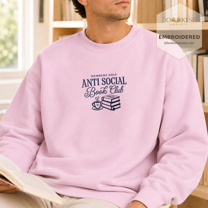 Anti-Social Book Club Embroidered Sweatshirt | Reader Gift Light Pink