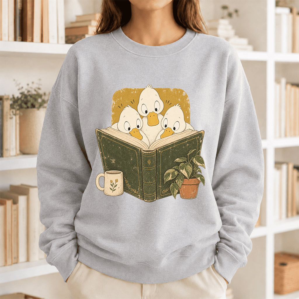 Minimal Japanese Ducks Reading Crewneck Sweatshirt | Reader Gift Sport Grey
