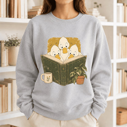 Minimal Japanese Ducks Reading Crewneck Sweatshirt | Reader Gift Sport Grey