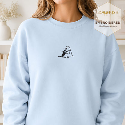 Reading Ghost And Black Cat Embroidered Sweatshirt | Halloween Reader Gift Light Blue