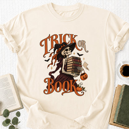 Trick Or Book Lady Printed T-Shirt | Halloween Book Lover Gift Natural