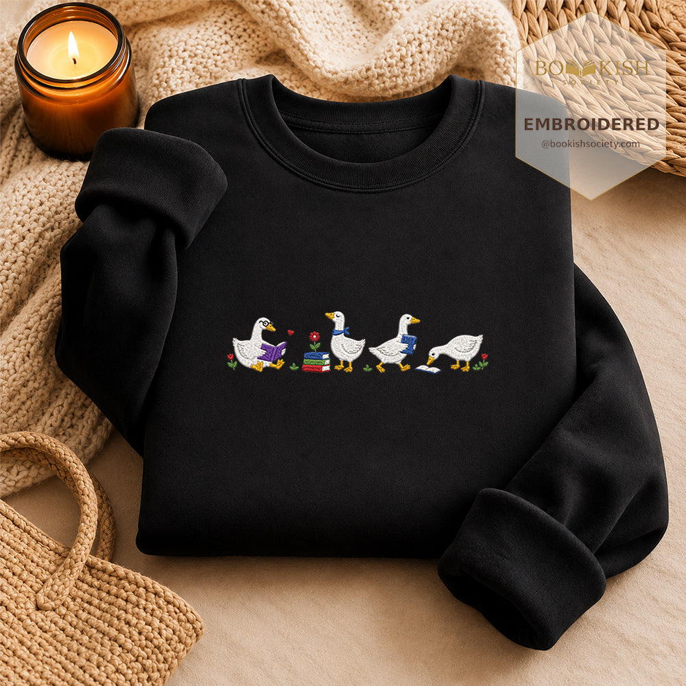 Four Reading Ducks Embroidered Sweatshirt | Reader Gift Black