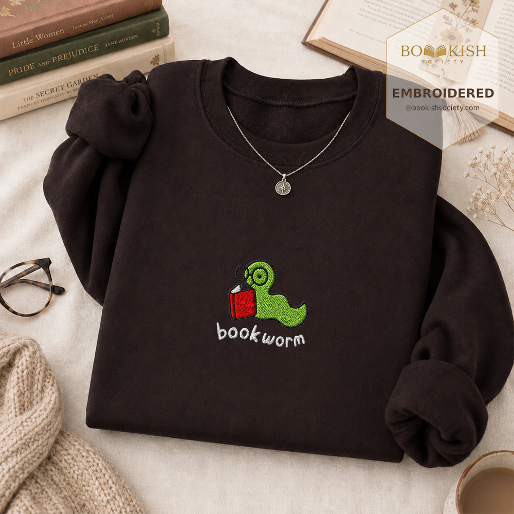Bookworm Embroidered Sweatshirt | Reader Gift Dark Chocolate