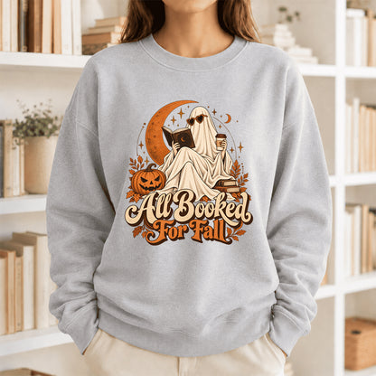 All Booked For Fall Crewneck Sweatshirt | Halloween Reader Gift Sport Grey