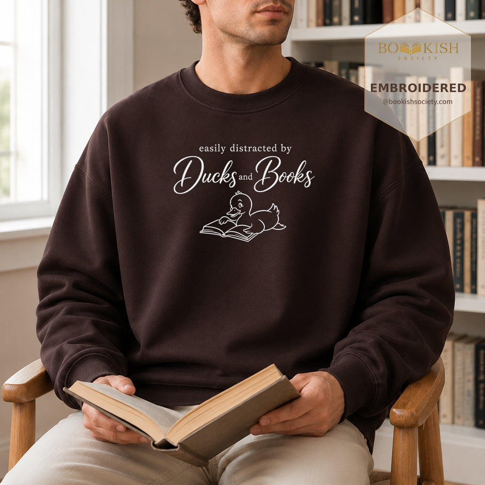 Easily Distracted By Ducks And Books Embroidered Sweatshirt | Reader Gift Dark Chocolate