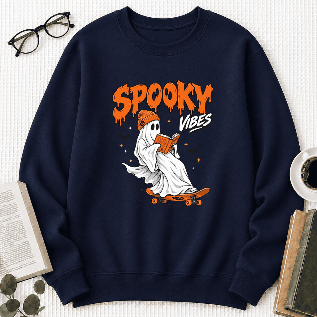Spooky Vibes Printed Sweatshirt | Halloween Reader Gift Navy