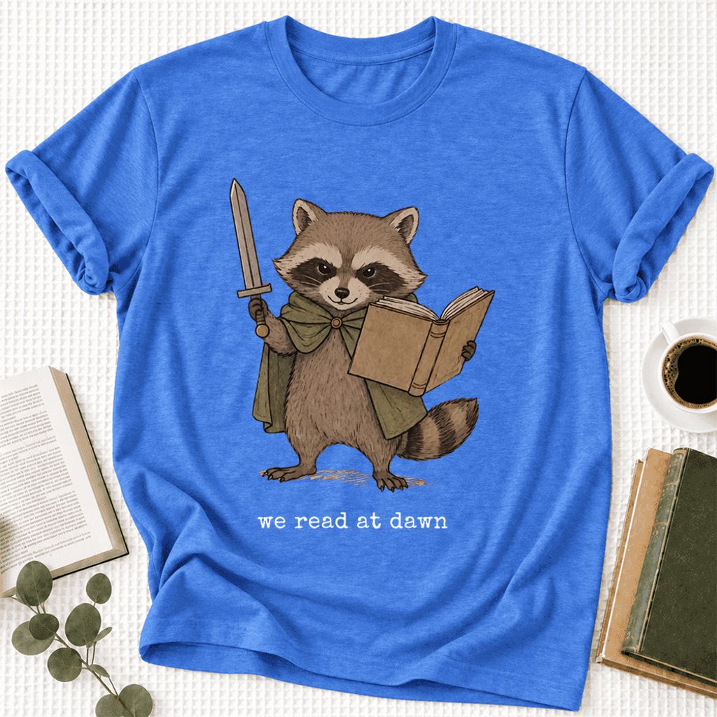 We Read At Dawn Funny Racoon Ultra-Soft Cotton T-Shirt | Playful Reader Gift Heather True Royal