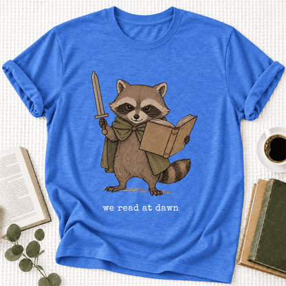 We Read At Dawn Funny Racoon Ultra-Soft Cotton T-Shirt | Playful Reader Gift Heather True Royal