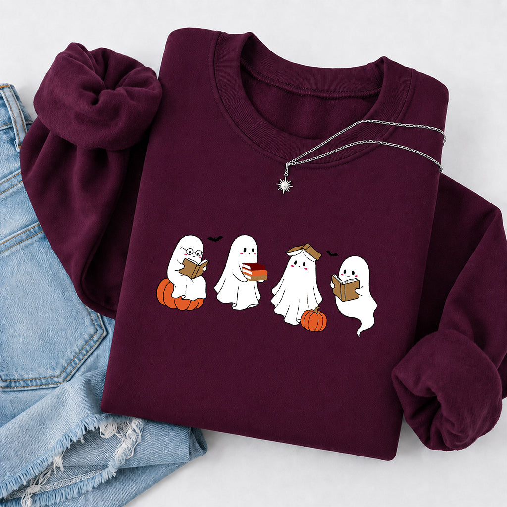 Halloween Ghosts Reading Printed Sweatshirt | Spooky Book Lover Gift Maroon