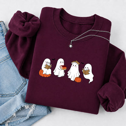 Halloween Ghosts Reading Printed Sweatshirt | Spooky Book Lover Gift Maroon