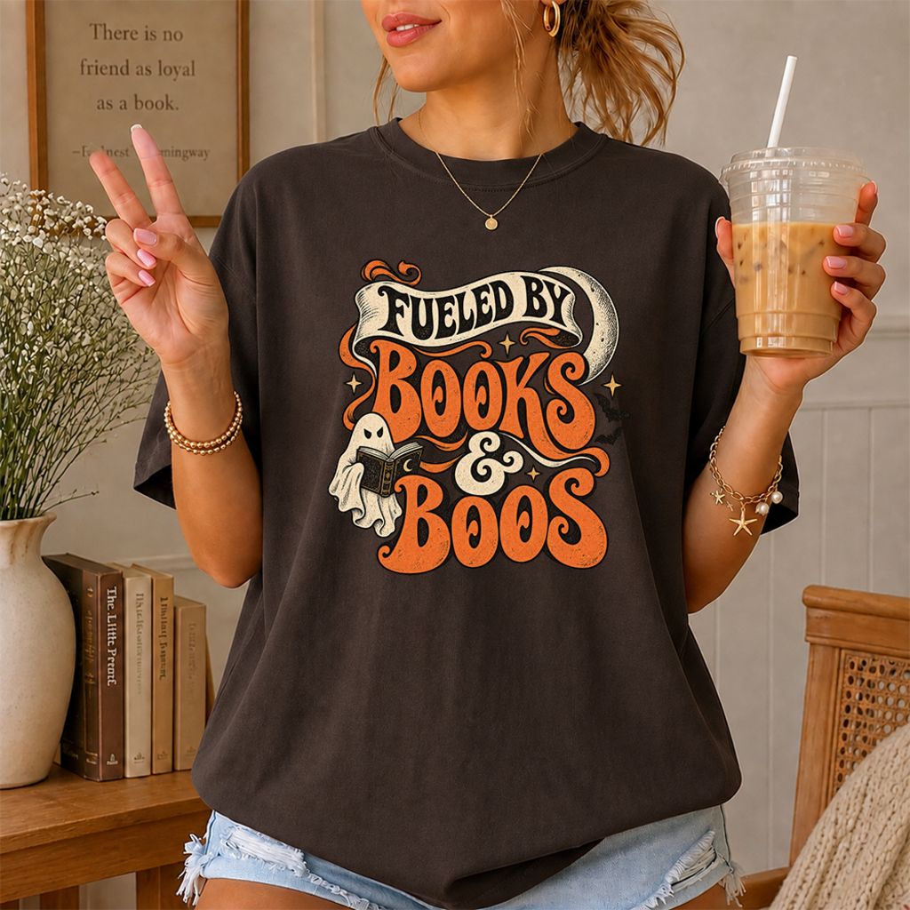 Fueled By Books & Boos Printed T-Shirt | Halloween Book Lover Gift Dark Chocolate