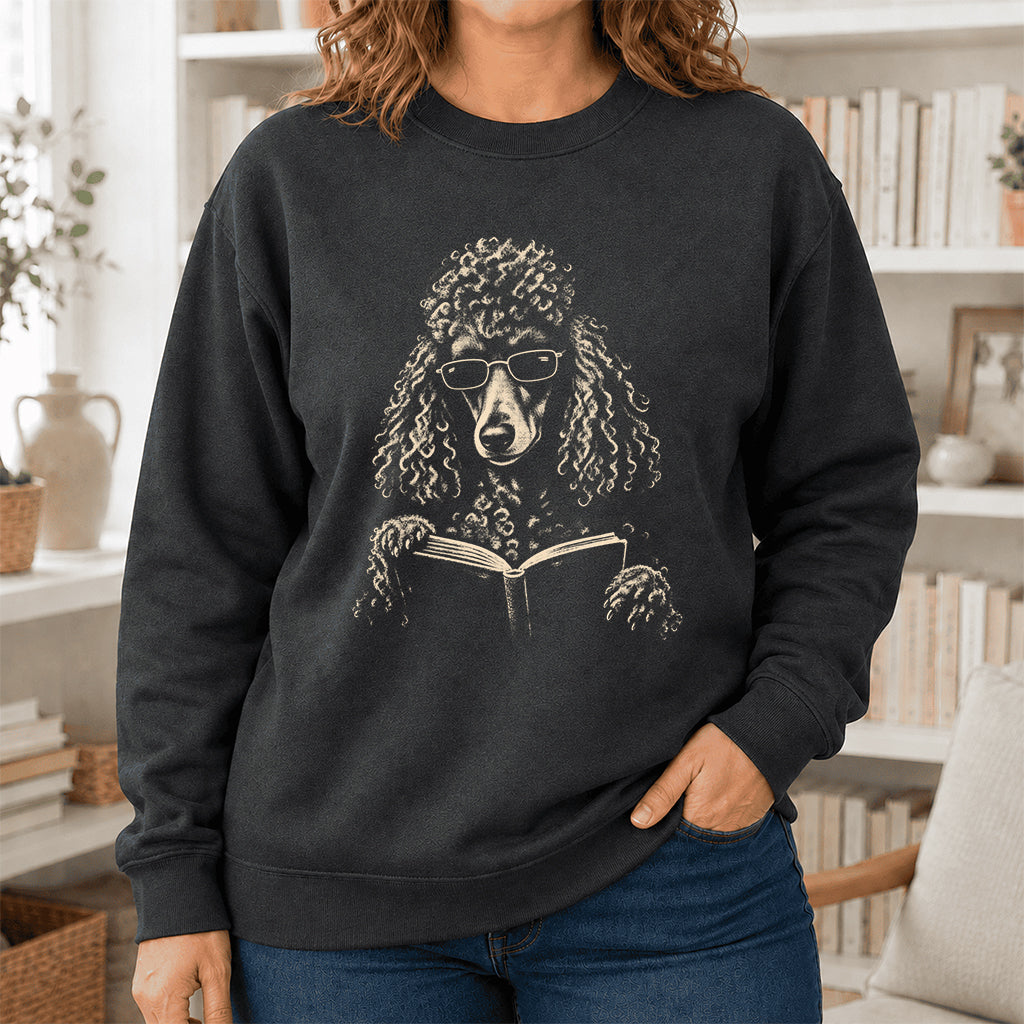 Poodle Reading Book Crewneck Sweatshirt | Reader Gift Dark Heather