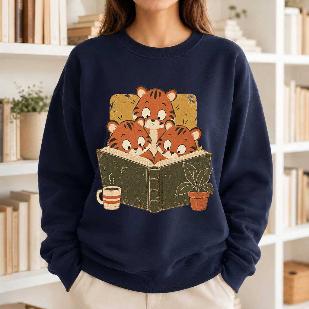 Minimal Japanese Tigers Reading Crewneck Sweatshirt | Reader Gift Navy