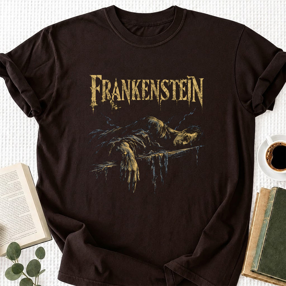 Frankenstein Printed T-Shirt | Halloween Book Lover Gift Dark Chocolate