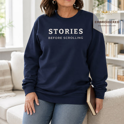 Stories Before Scrolling Embroidered Sweatshirt | Reader Gift Navy