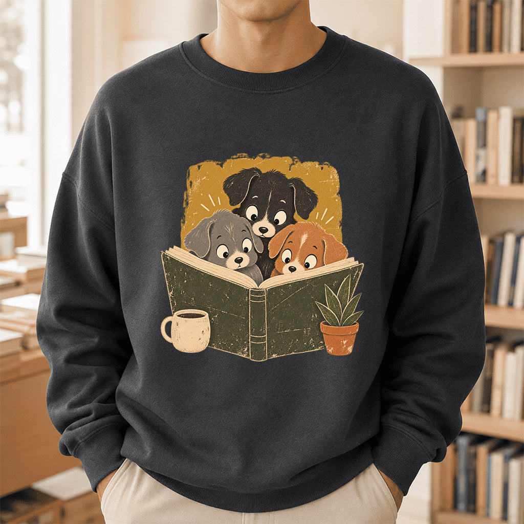 Minimal Japanese Dogs Reading Crewneck Sweatshirt | Reader Gift Dark Heather
