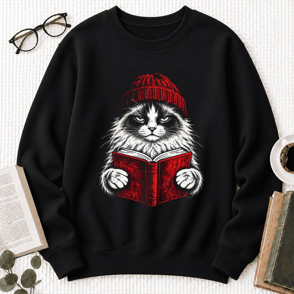Vintage Reading Cat Ragdoll Softstyle Sweatshirt | Christmas Reader Gift Black