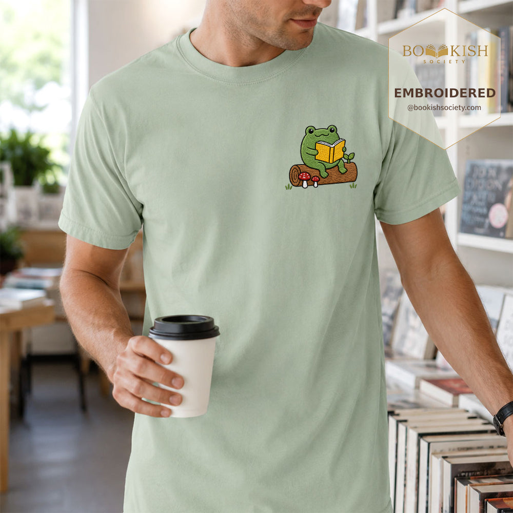 Embroidered Frog on Log Reading Book Comfort Color® T-shirt Book Lover Gift Bay