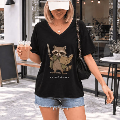 We Read At Dawn Funny Racoon Ultra-Soft V-Neck | Cozy Book Lover Gift Black
