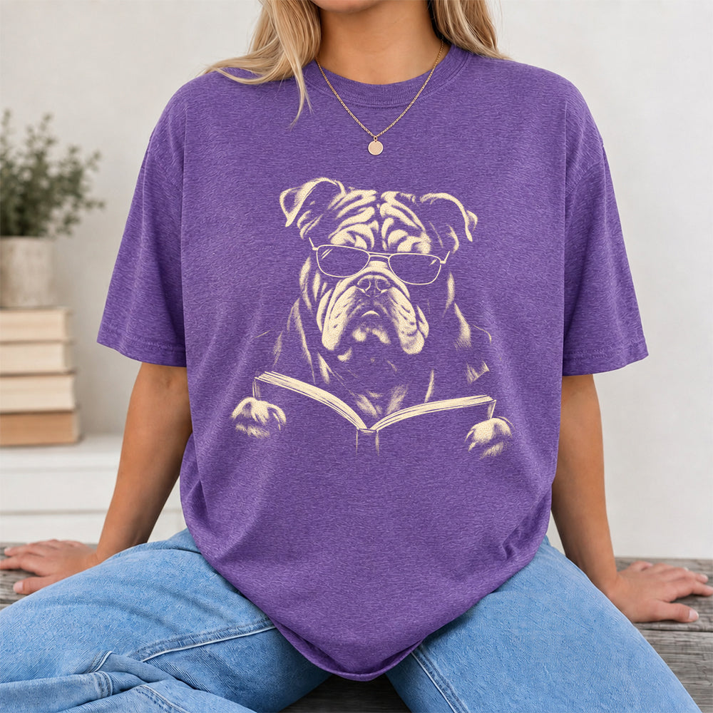 Bulldog Reading Book Softstyle T-Shirt | Book Lover Gift Dark Heather