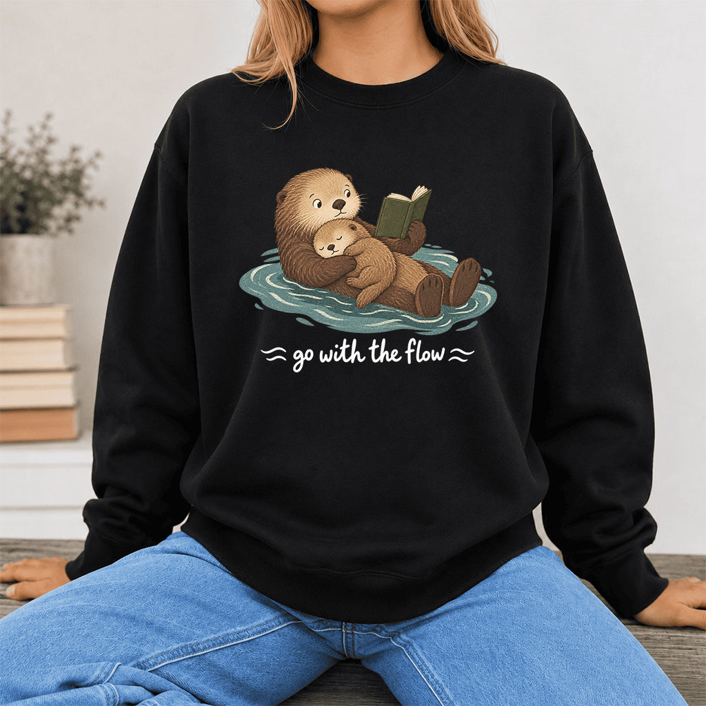 Go With The Flow Otter Reading Crewneck Sweatshirt | Reader Gift Black