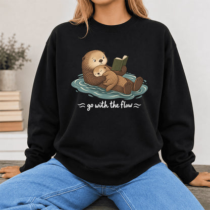 Go With The Flow Otter Reading Crewneck Sweatshirt | Reader Gift Black