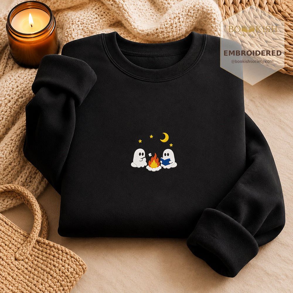 Cute Ghost Camping Embroidered Sweatshirt | Reader Gift Black