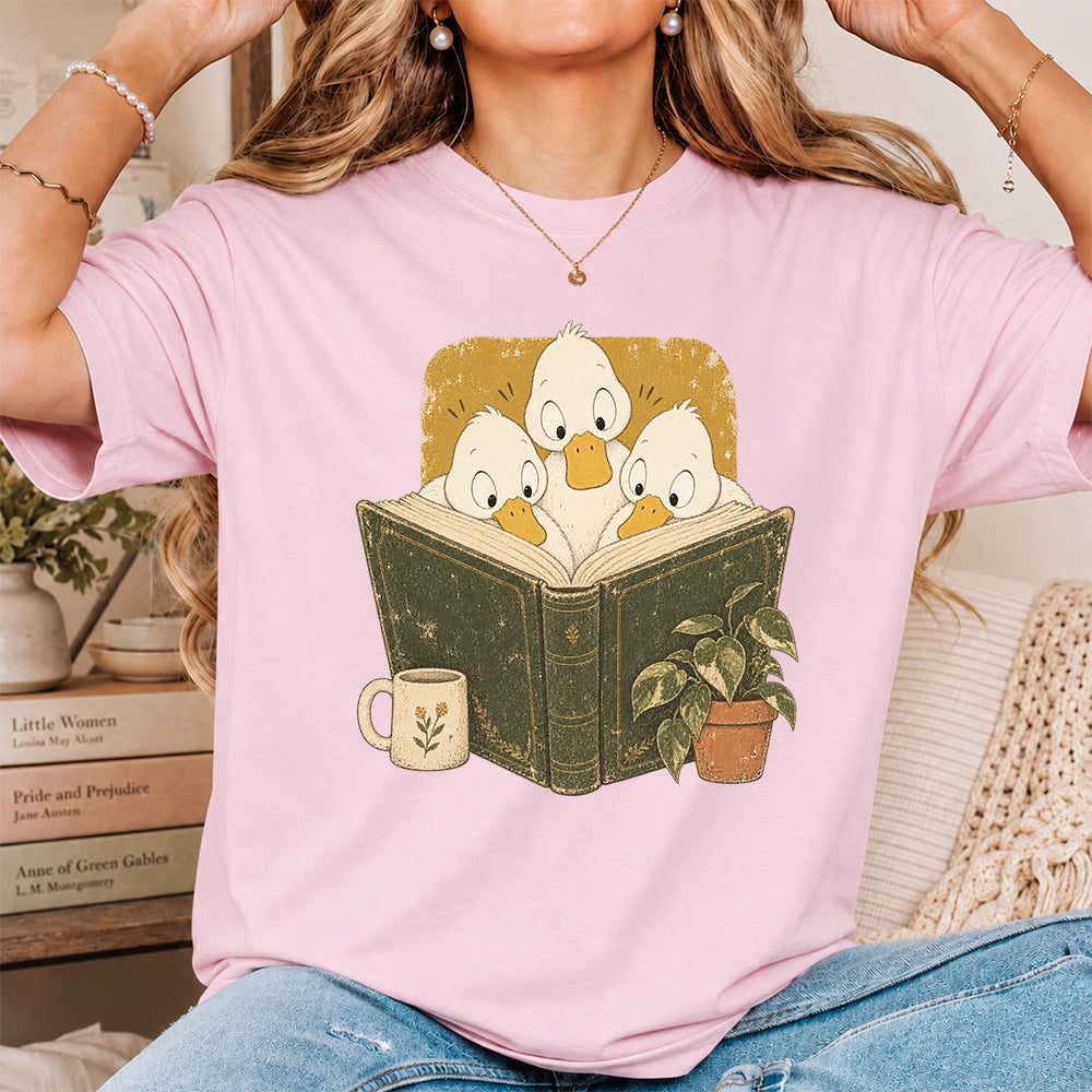 Minimal Japanese Ducks Reading Softstyle T-Shirt | Book Lover Gift Light Pink