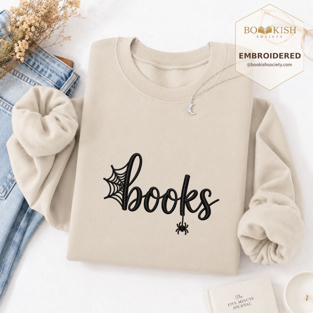 Halloween Books Embroidered Sweatshirt | Spooky Book Lover Gift Sand