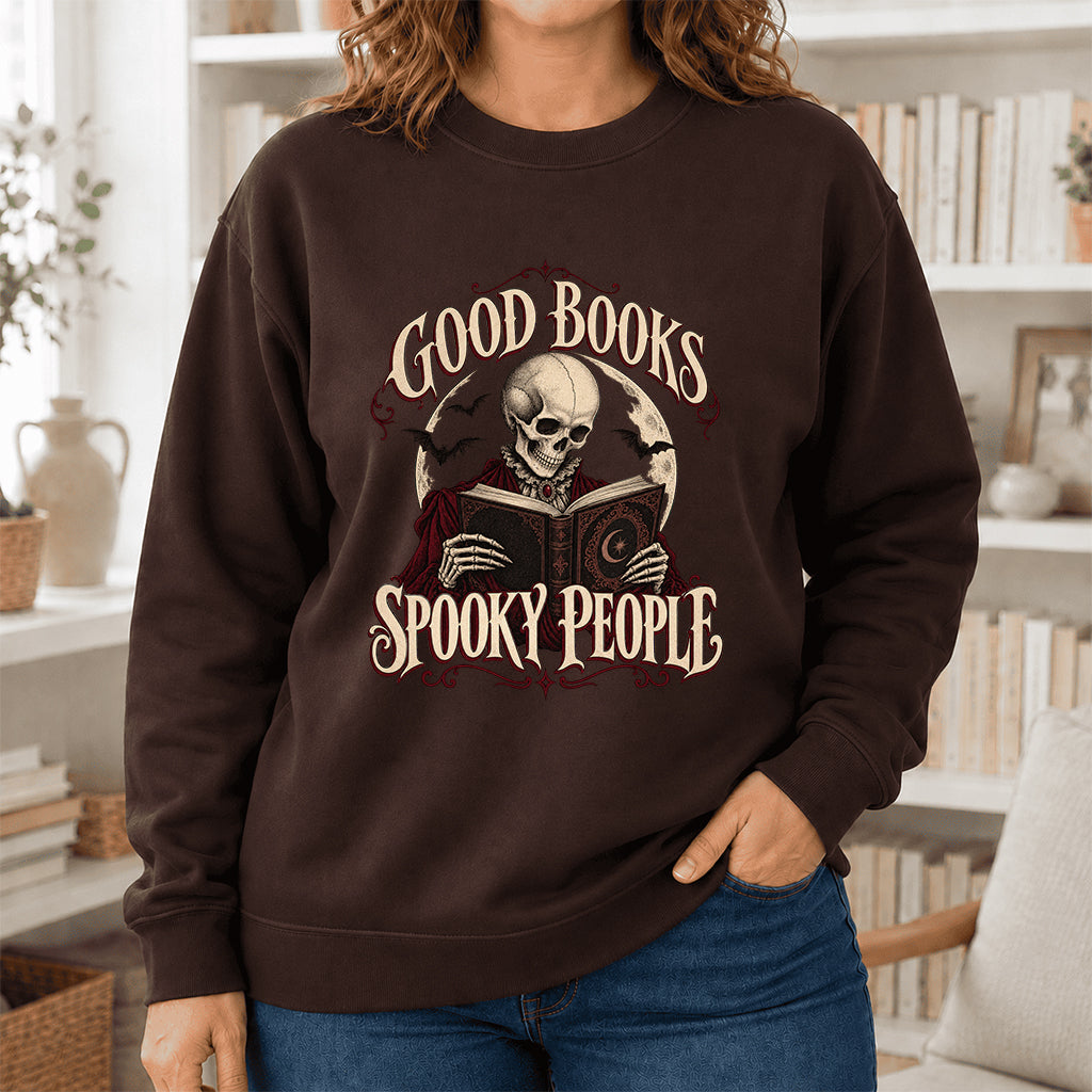 Good Books Spooky People Printed Sweatshirt | Halloween Book Lover Gift Dark Chocolate