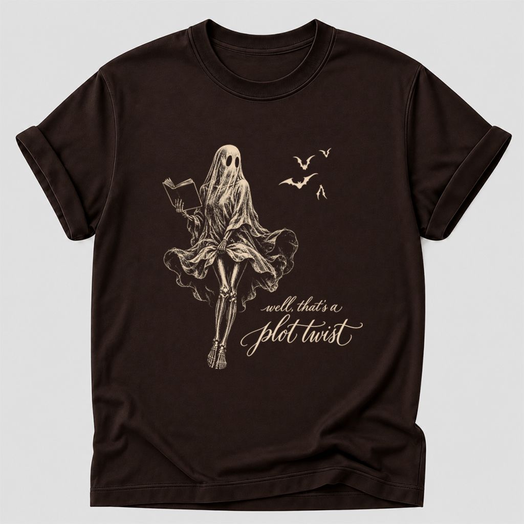 Funny Dress-Wearing Bookworm Ghost Printed T-Shirt | Halloween Book Lover Gift Dark Chocolate