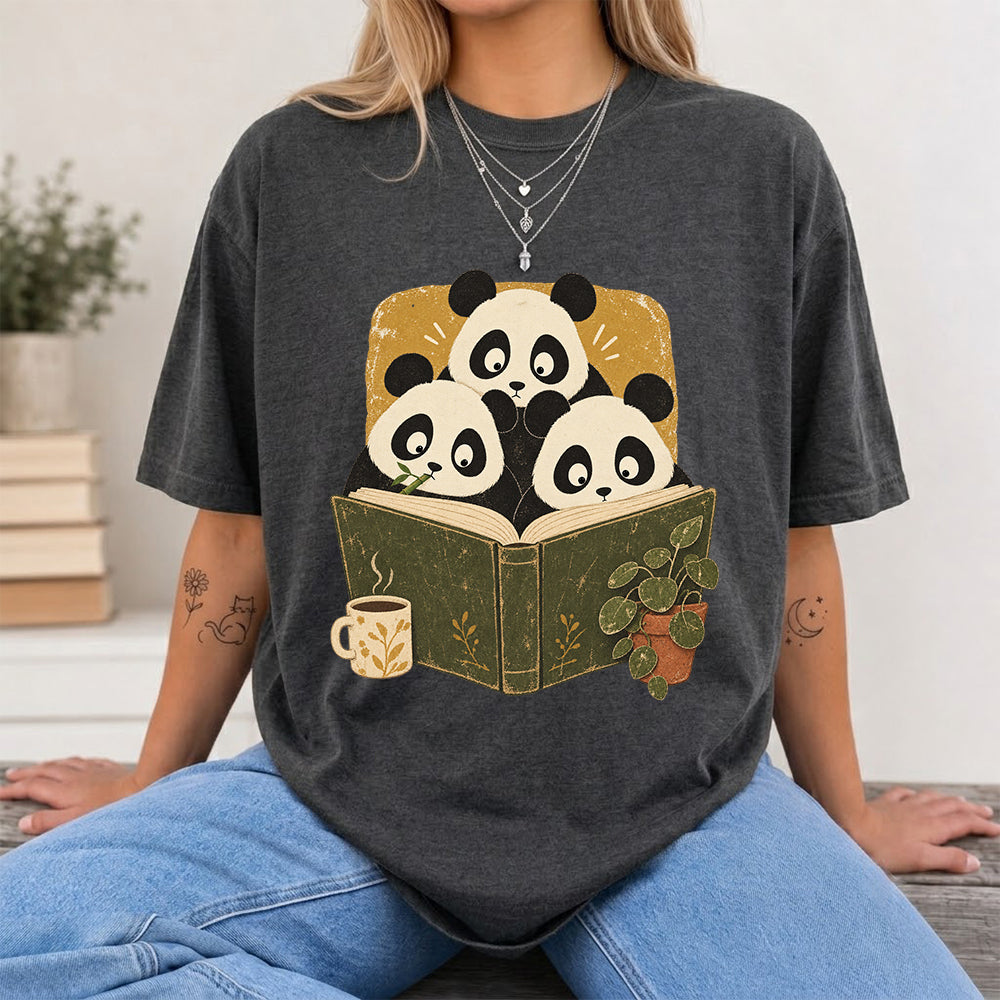 Minimal Japanese Pandas Reading Softstyle T-Shirt | Book Lover Gift Dark Heather