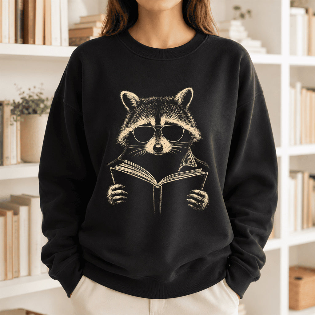 Raccoon Reading Book Crewneck Sweatshirt | Reader Gift Black
