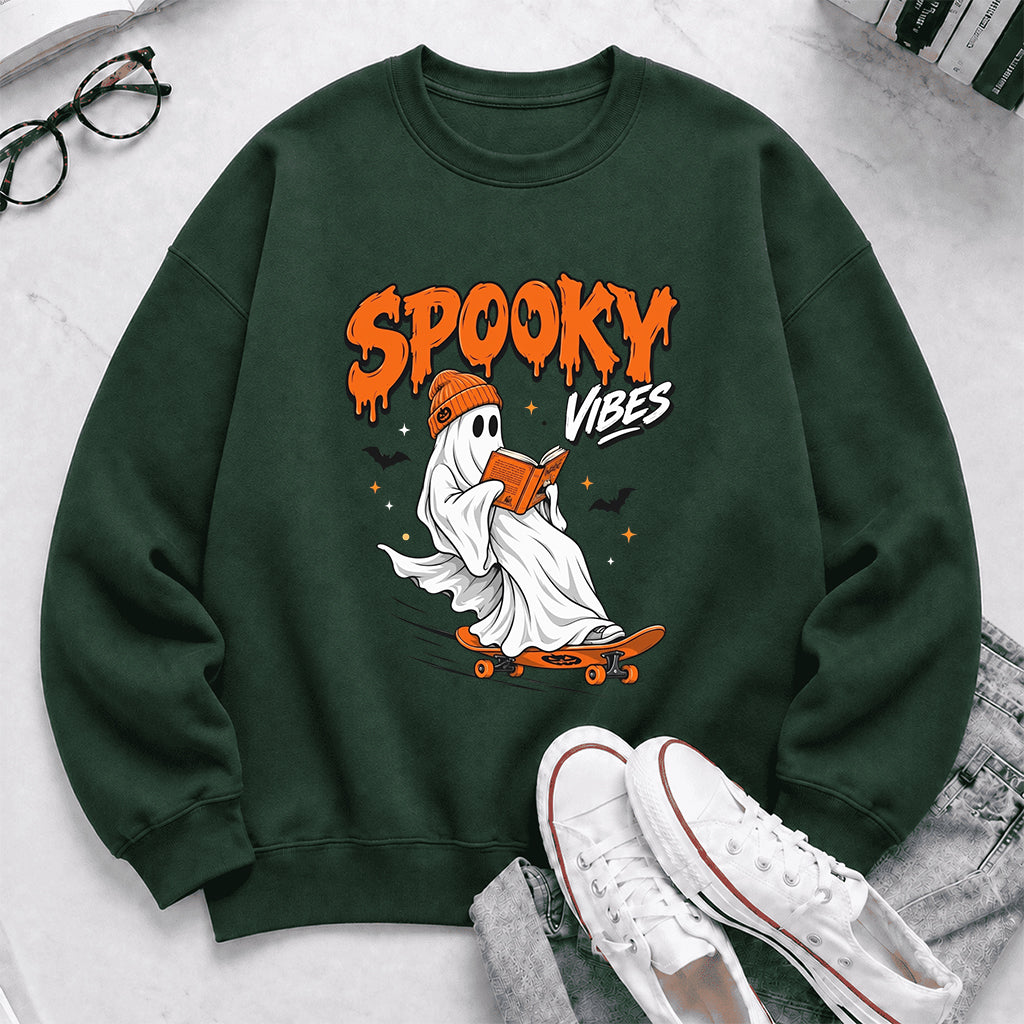 Spooky Vibes Printed Sweatshirt | Halloween Reader Gift Forest Green