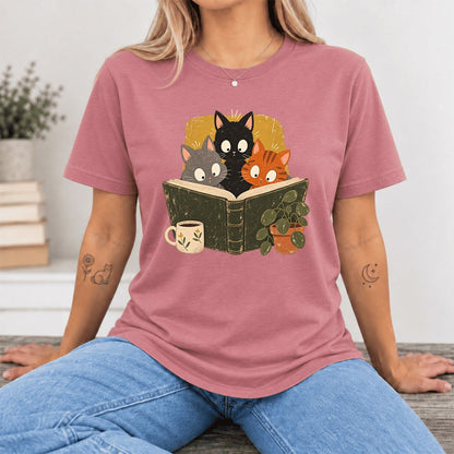 Curious Reading Cats Ultra-Soft Cotton T-Shirt | Cat Lover Reader Gift Mauve