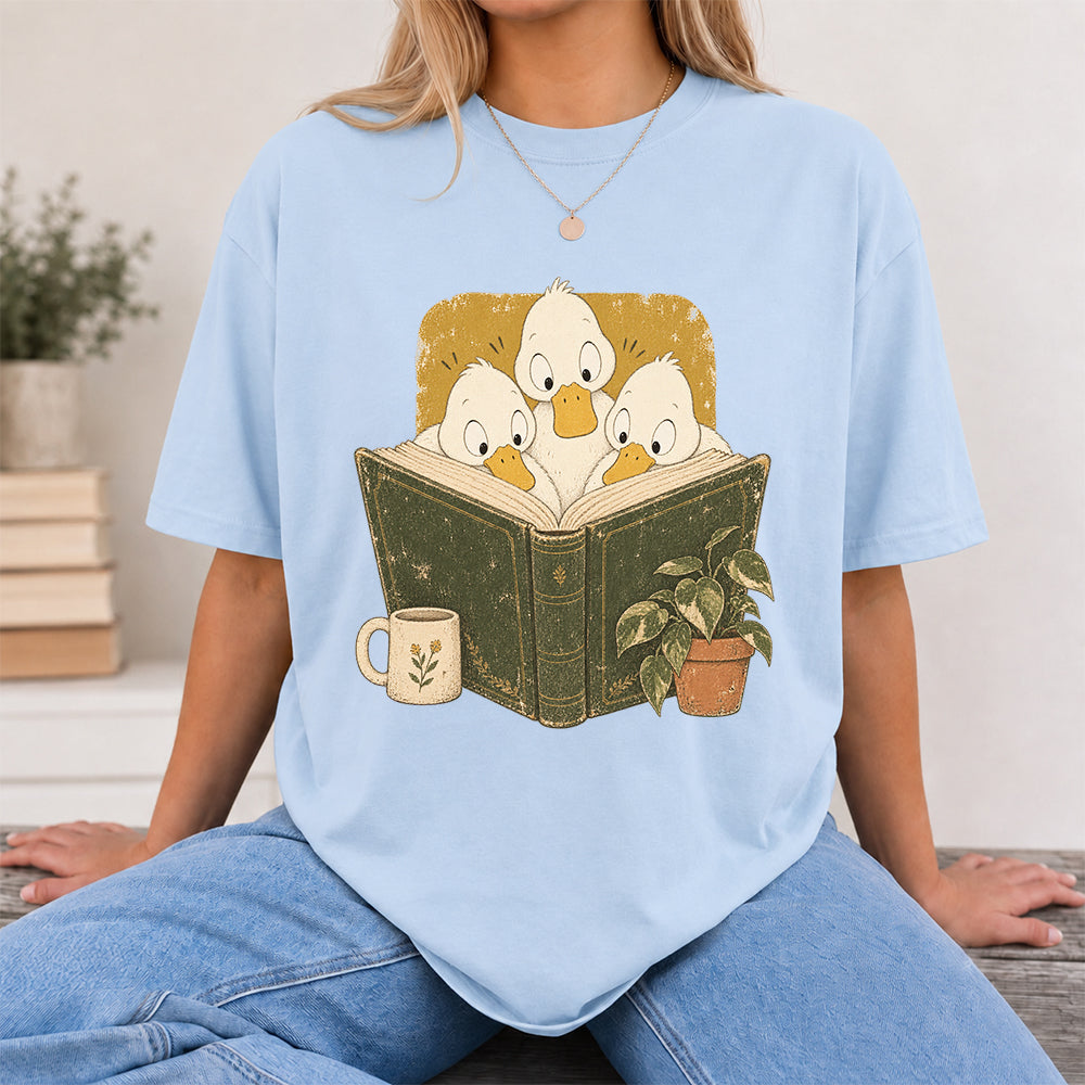 Minimal Japanese Ducks Reading Softstyle T-Shirt | Book Lover Gift Light Blue