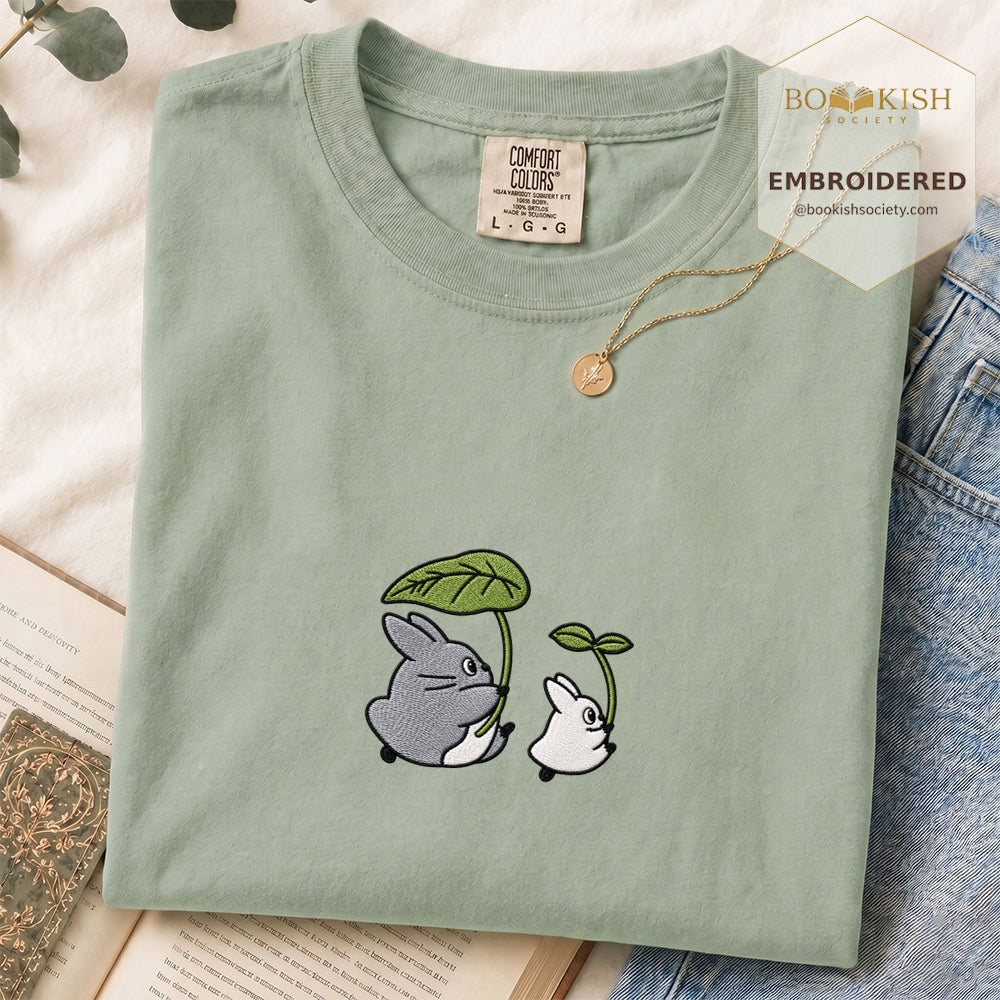 Embroidered Forest Spirits and Flowers Comfort Color® T-shirt Book Lover Gift Bay