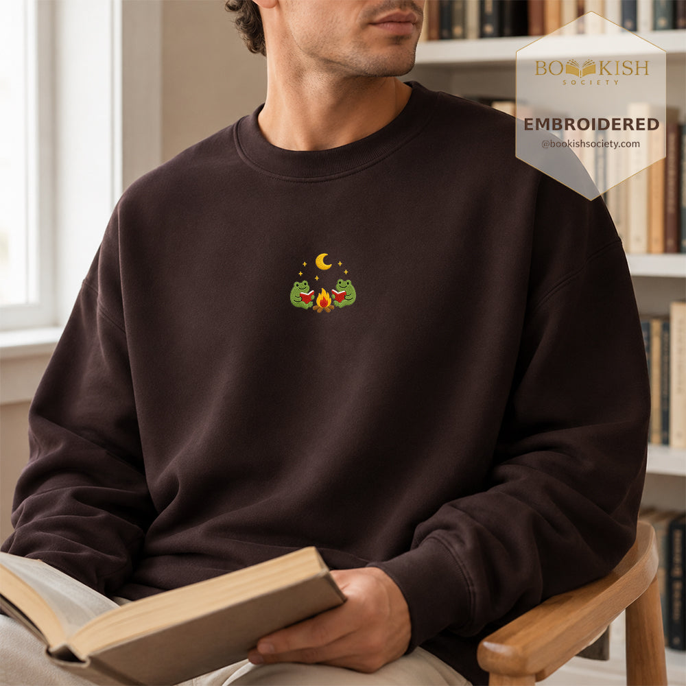 Frog Campfire Embroidered Sweatshirt | Reader Gift Dark Chocolate
