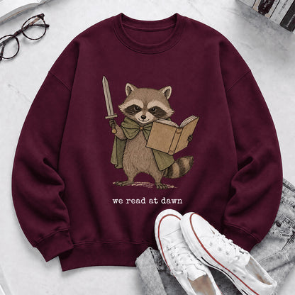 Raccoon We Read At Dawn Crewneck Sweatshirt | Reader Gift Maroon
