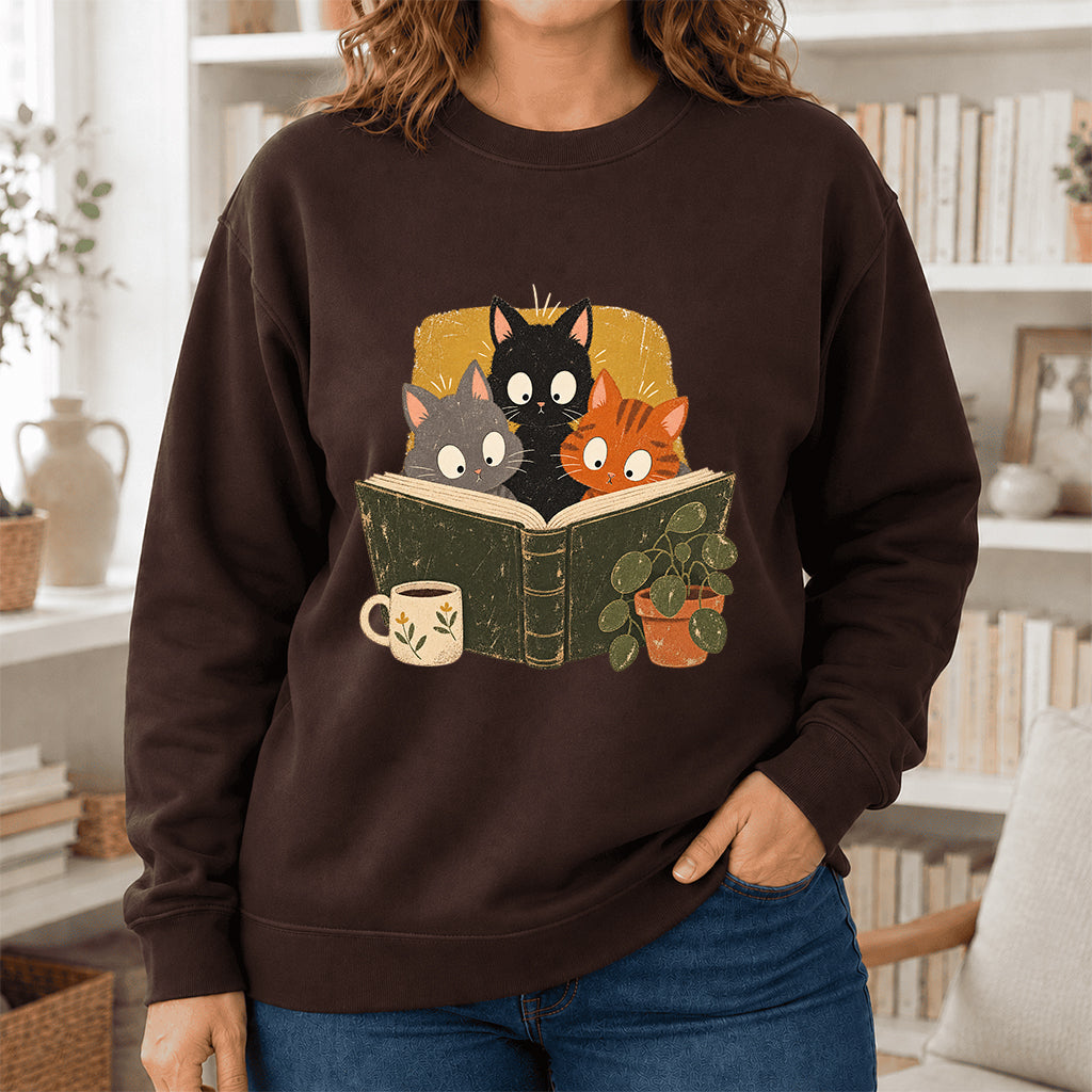 Minimal Japanese Cats Reading Crewneck Sweatshirt | Reader Gift Dark Chocolate