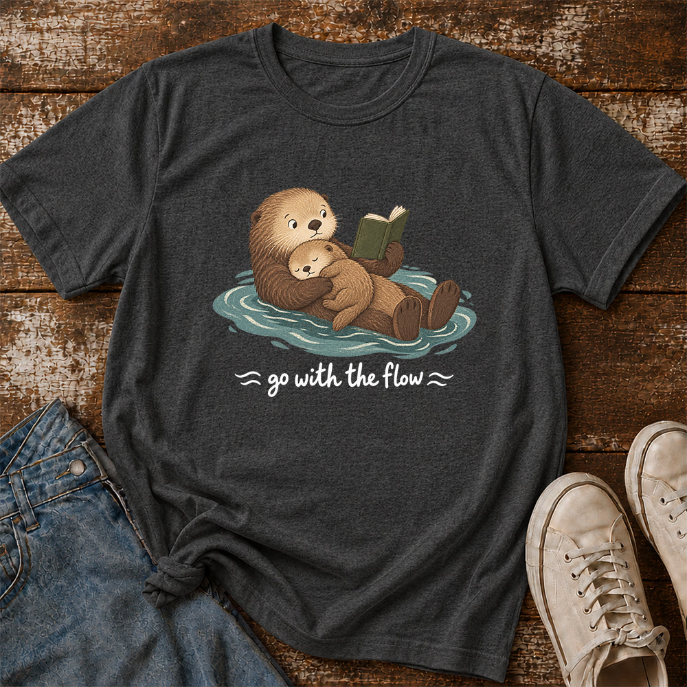 Go With The Flow Otter Reading Softstyle T-Shirt | Book Lover Gift Dark Heather
