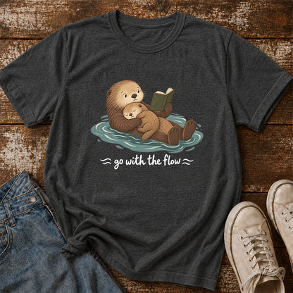Go With The Flow Otter Reading Softstyle T-Shirt | Book Lover Gift Dark Heather