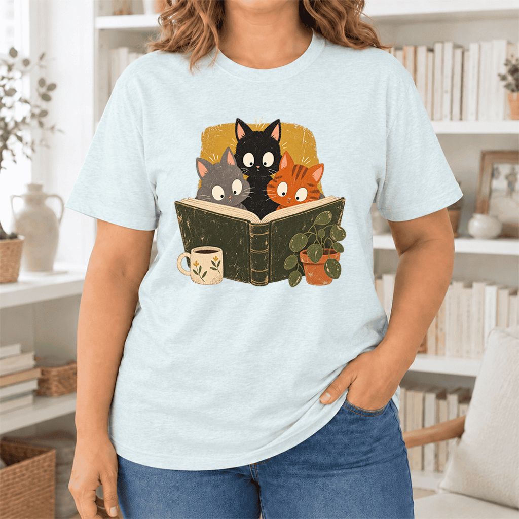 Curious Reading Cats Ultra-Soft Cotton T-Shirt | Cat Lover Reader Gift Heather Ice Blue