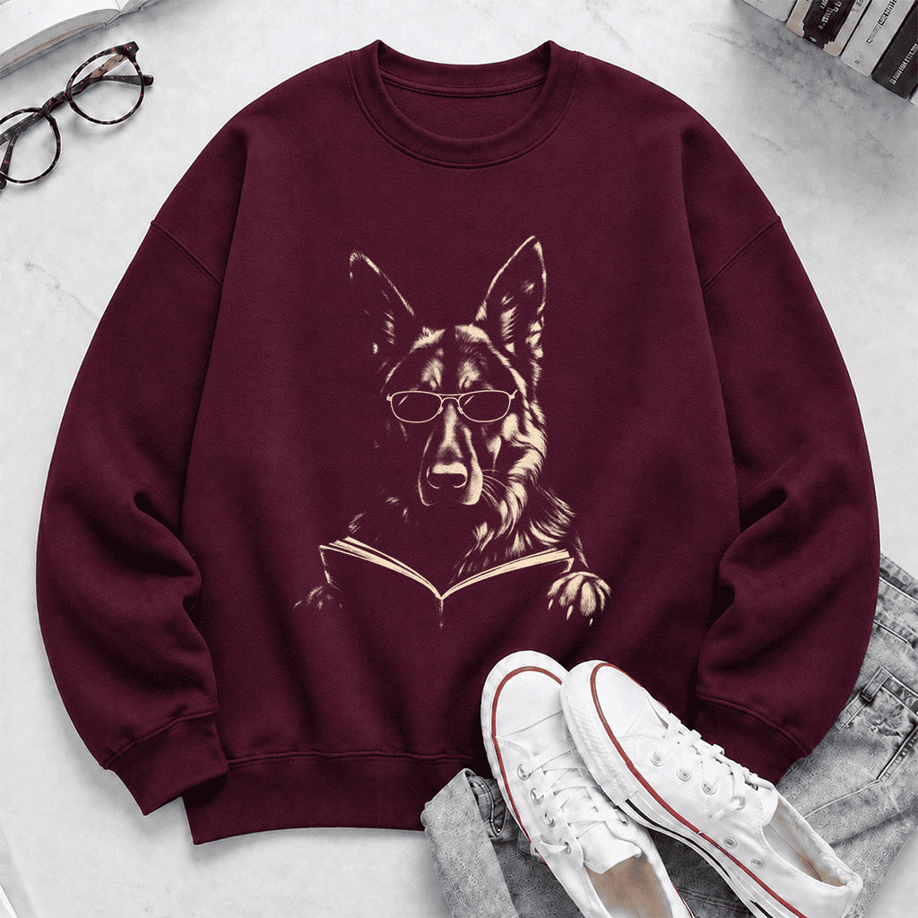 German Shepherd Reading Book Crewneck Sweatshirt | Reader Gift Maroon