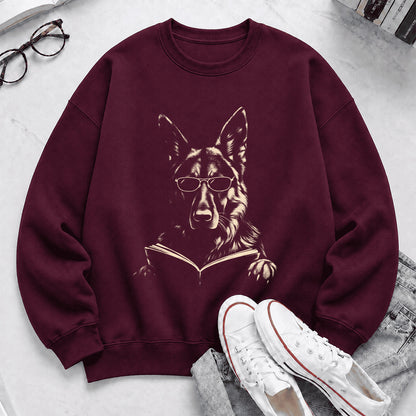 German Shepherd Reading Book Crewneck Sweatshirt | Reader Gift Maroon