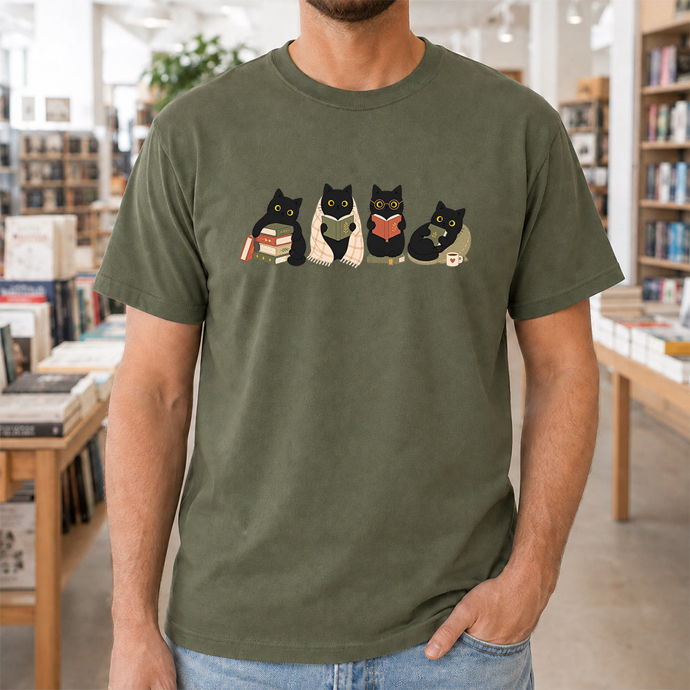 Black Cats Reading Softstyle T-Shirt | Book Lover Gift Military Green