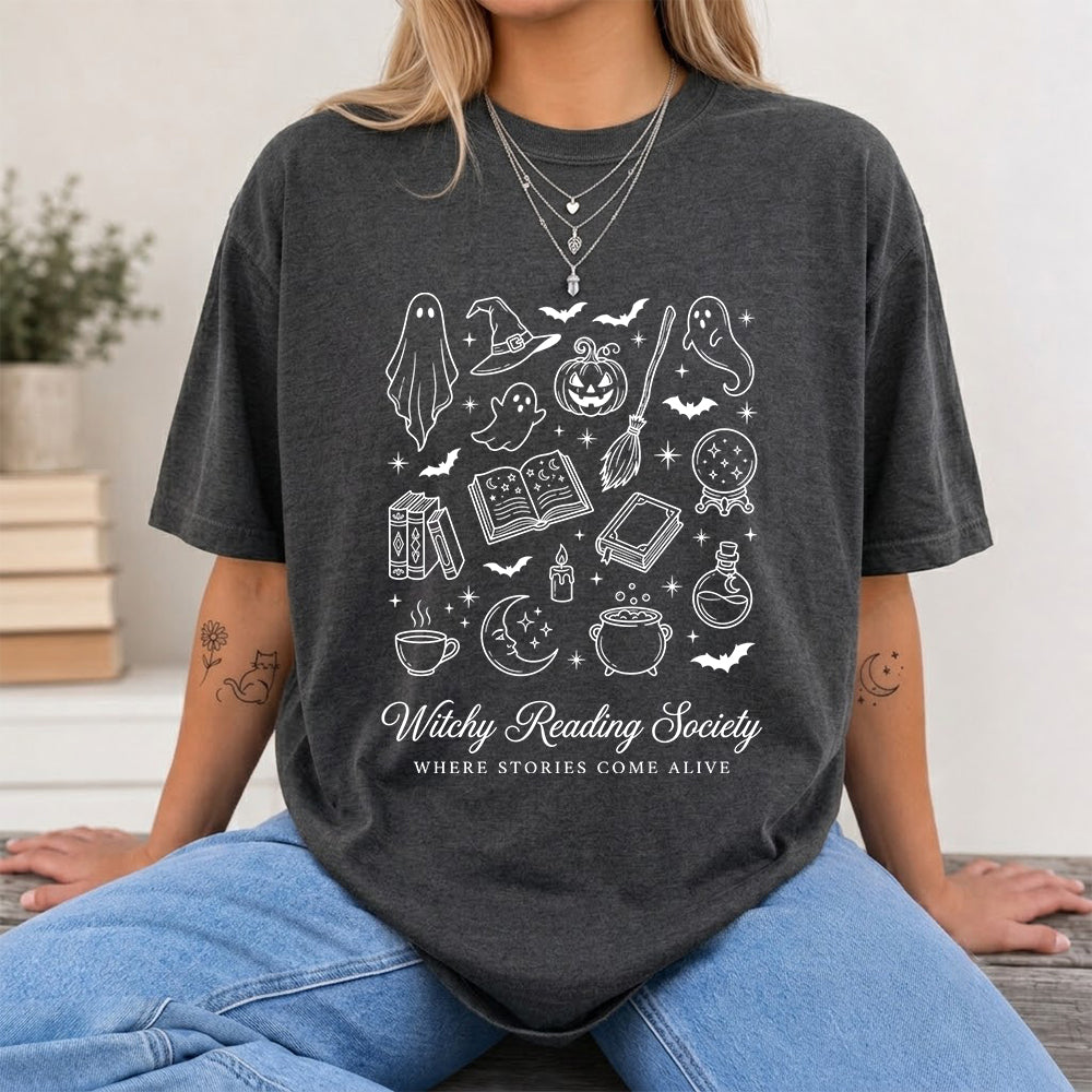 Witchy Reading Society Printed T-Shirt | Halloween Reader Gift Dark Heather