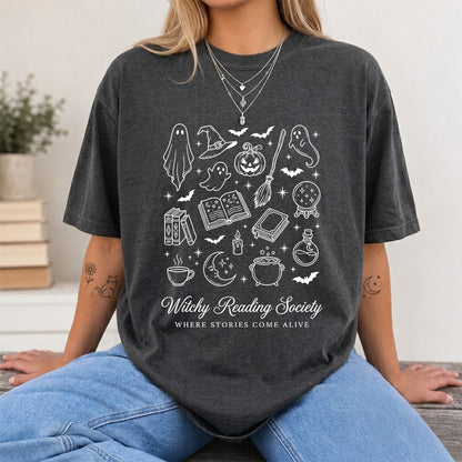Witchy Reading Society Printed T-Shirt | Halloween Reader Gift Dark Heather
