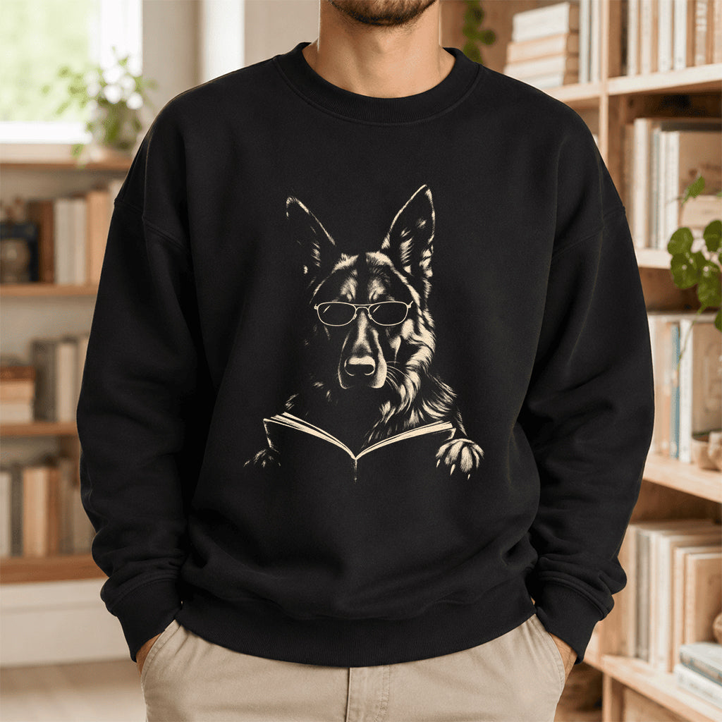 German Shepherd Reading Book Crewneck Sweatshirt | Reader Gift Black