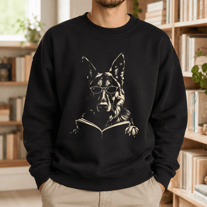 German Shepherd Reading Book Crewneck Sweatshirt | Reader Gift Black